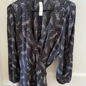 LOFT grey floral print wrap blouse. V-neck. Lightweight.